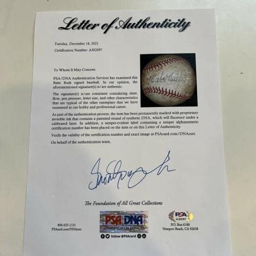 Бейб Рут Сингъл С Автограф от Официален представител на Американската лига бейзбол PSA DNA COA - Бейзболни топки с автографи