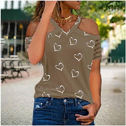 Nxxyeel Върхове с открити рамене за жените, Женска Тениска с Къс Ръкав, V-образно деколте, Ежедневни Тениски в Ивица с Принтом Любов