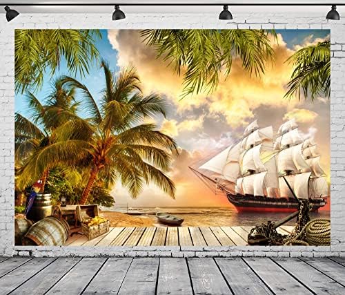 BELECO 20x10ft Кърпа на Плажа на Остров Пиратски Кораб на Фона на Океана Морски Пейзаж Палми Фон дюшеме Ковчег със Съкровищата на Дъбови Бъчви за Хелоуин Pirate Тема Украса н