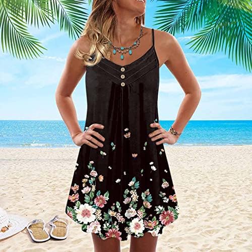 Дамски летни цветни плажни рокли, ежедневни с V-образно деколте без ръкави на спагети презрамки сарафан туника нагънат бутон swing мини-рокля