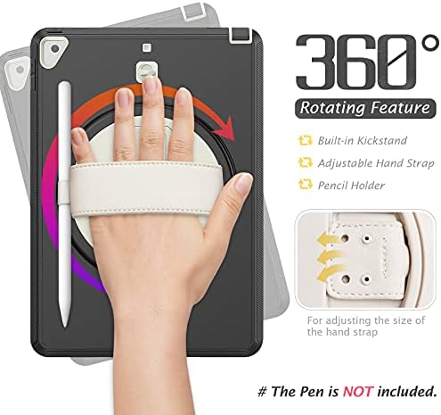 Калъф за iPad 8/7 (10,2 инча, модел 2020/2019, 8/7-то поколение), Сверхпрочный устойчив на удари калъф с [Въртяща се поставка на 360 градуса] [каишка за ръка] [пагон] [Вградена защитно фолио за екрана],