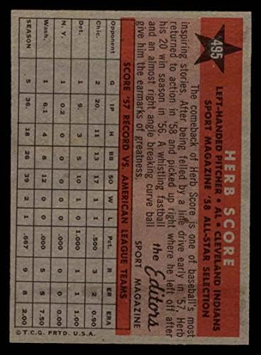 1958 Topps 495 All-Star Сметка на Херба Кливланд Индианс (бейзболна картичка) EX/MOUNT Индианс