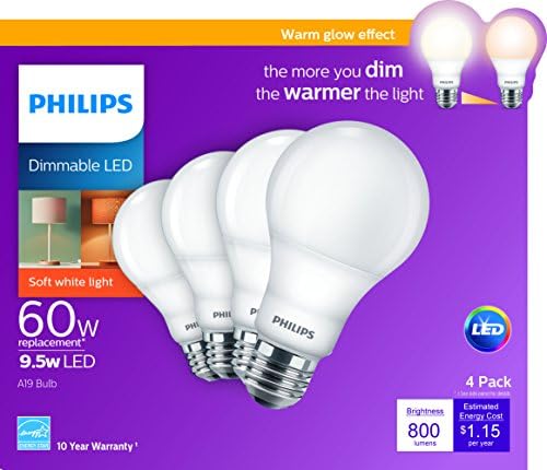 Led крушка Philips A19 с регулируема яркост на светлината с ефект на топла светлина 800 Лумена, 2200-2700 Кельвинов, капацитет 9,5 W (еквивалент на 60 W), Цокъл E26, Матиран, бледо-бял, 4 бр. в опаковка