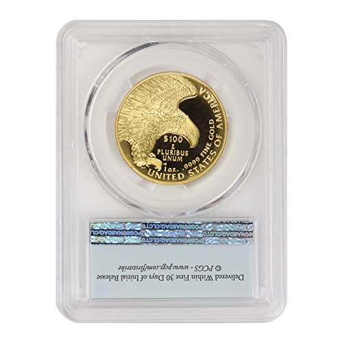 2019 W 1 унция на американския Златен Горельефа SP-70 с Дълбоко Огледално покритие, като на Етикета, и с флага на Първи удар от монетния двор State Злато за 100 долара SP70DMPL PCGS