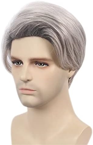 PDGJG Европейската и американската мъжка перука с къса коса, модерен красив сребристо-сива мъжка перука, влакнести перука, шапка