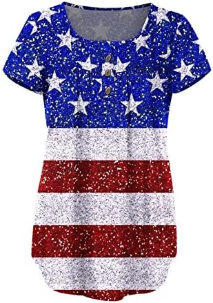 MIASHUI Дамски Тениски Лятна Дамска Мода Тениска С Принтом на Деня на Независимостта, V-образно деколте, Копчета и Къс Ръкав, Без Приятелка, Къси