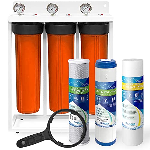 3-Степенна висока производителност на 20-инчов Orange Система за филтриране на вода за цялата къща, свободно стояща Стоманена рамка, Утайка, Касети GAC + KDF и Carbon, Нажимная бутон за понижаване на налягането, Месинг
