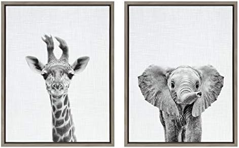 Кейт и Лоръл, Силви, Жираф и един слон теле, Платно, Стенно изкуство Саймън Тези от Тай, Комплект от 2 Щампи, сив 18x24, Очарователен рисунки на животни в стил Сафари