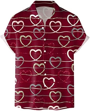 YHAIOGS риза с яка, копчета мъжки Valentine 3D дигитален печат джоб с катарама на ревера на ризата с къс ръкав отгоре с V-образно деколте