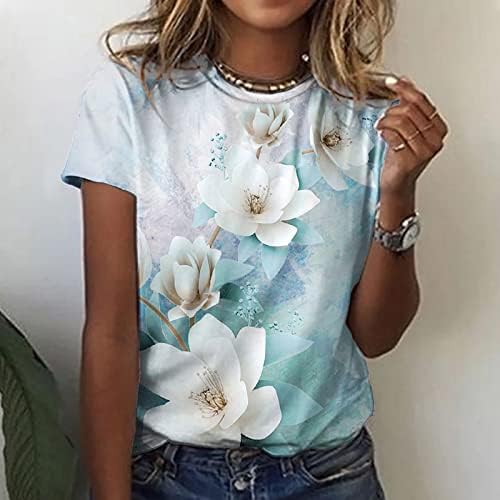 Comigeewa Lounge Ризи за момичета Есен-Лятото с Къс ръкав, Кръгло деколте и Цветисти Принтом, Блузи Свободно Намаляване на Тениска Дамски G3