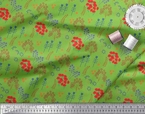 Плат от futon трикотаж Soimoi зелен цвят, с листа и цветя художествен принтом ширина 58 см
