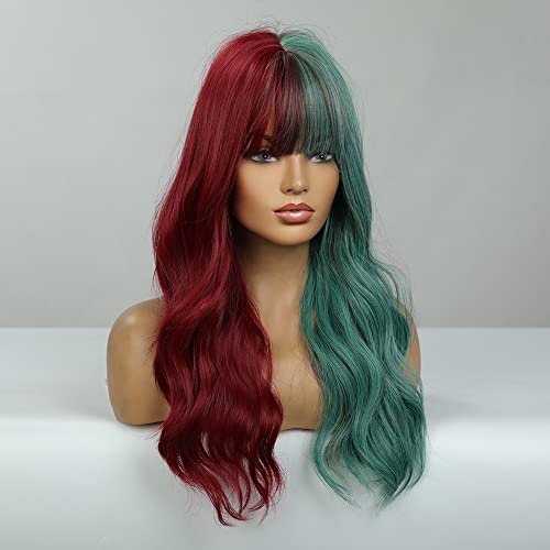 Дамски перуки червени и зелени цветове Mystylecos; дълги вълнообразни перука с бретон от устойчиви на топлина влакна; перука за ежедневни партита и cosplay
