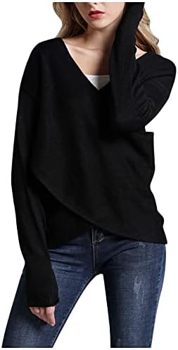 PRDECEXLU, Празничен Пуловер за Колеж, Дамски Пуловер с Дълъг Ръкав, Стилни Асиметрични Обикновена Пуловери, Джърси, V-Образно Деколте, Дишаща