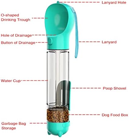 Бутилка за кучета за разходки на открито, разходки, Пътуване, 4-в-1, Мултифункционален Фланец Преносим Диспенсер за вода за домашни любимци, Подвижни Дизайн, Комбинирана Чаша за пиене и ядене, не съдържа BPA, 10 грама