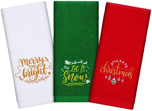 Shojoy 3 Опаковане на Коледни Кърпи за Ръце от памук Голям Размер 25x14 Инча, Хавлии с Бродерия в Коледната Тема, Начало Декор за Баня и Кухня (Червен, Зелен, Бял)