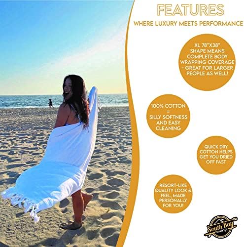 South Bay Beach Life™ - Плажна кърпа голям размер от плюш за възрастни - Индивидуални Памучни кърпи размер XL с пискюли в стил бохо - 78 см в дължина и 38 инча (бял)