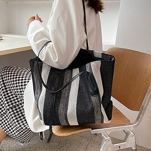 Портмонета RIUKIU за жени, Дамски чанта на рамото с шарките на райета, Холщовая Пътна чанта за Пазаруване, Дамски чанти-тоут Голям Капацитет, Офис Женска работна чанта (Черен цвят)