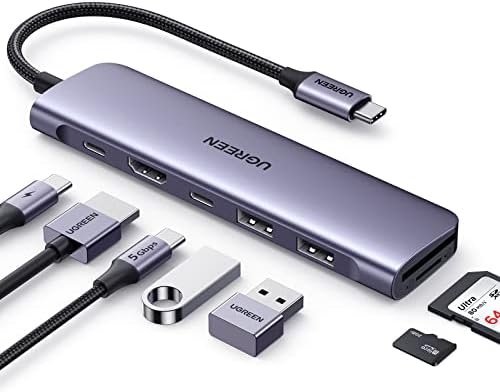 UGREEN C USB Хъб за MacBook Алуминиев комплект със 7-в-1 C USB Хъб 5 Gbit/s USB-C и 2 USB-A usb за пренос на данни, 4K, HDMI, мощност 100 W