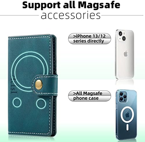 Магнитен портфейл ZICISI за Apple iPhone е Предназначен за кожени картодържатели Magsafe Wallet [2 отделения за пари + 4 отделения за кредитни карти с RFID заключване и стойка], съвместимо с iPhone 13/12 pro max (тюркоаз)