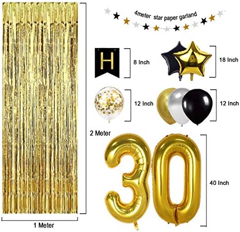 Черно-златната украса на 30-ия ден от раждането, банер, балон от фолио с числа 30, аксесоари за украса за рожден ден на 30 години
