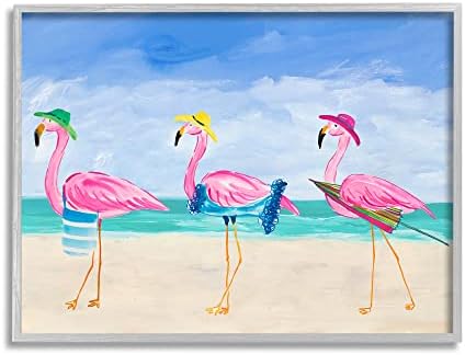 Илюстрация за Плажен заедно с Красиви Розови фламинго Stupell Industries, Прогуливающимися по Крайбрежието, Дизайн Джули Дерис