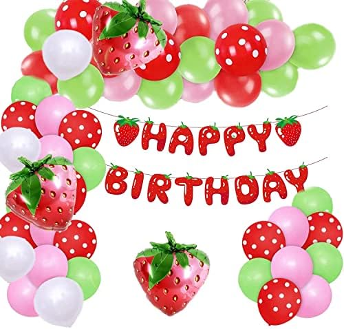 Аксесоари за парти в чест на рождения ден на с ягоди, включително рекламни банери на фона на ягоди, венци от няма ягодово балони, подходящи за детски душове за момичета и т.н