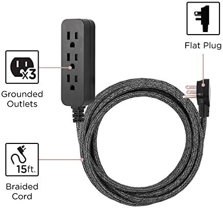Cordinate, Черен Дизайнерски Удължител с 3 Розетки, Сплетен Декоративен Плат с Кабел 15 метра, с нисък профил вилица, Тъмен Хедър, 50012