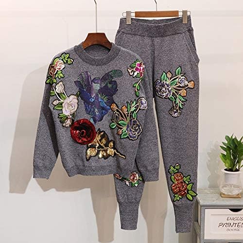 YUTRD ZCJUX Нови Зимни дамски комплекти, Вязаный пуловер от две части с дълъг ръкав, расшитый искри Топ с цветя, Модерни Панталони, комплект от 2 теми (Цвят: B Размер: Среден)