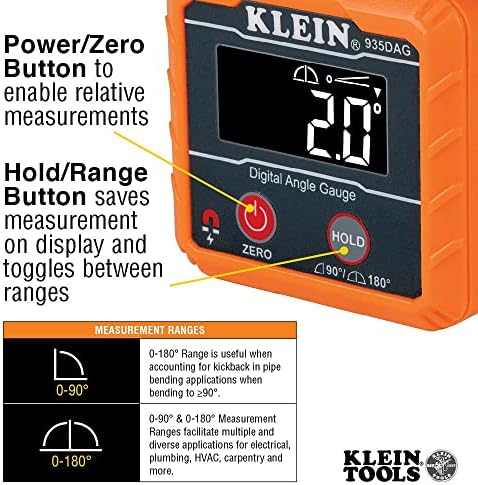 Klein Tools 935DAG Цифров Електронен ниво и Угломер, Измерва и установява Ъгли и Инструменти за Т-Образно Тънки калибър и Транспортир - Цифров угломер с пълен изглед екран на LCD-дисплей и 8-инчов нож от неръждаема