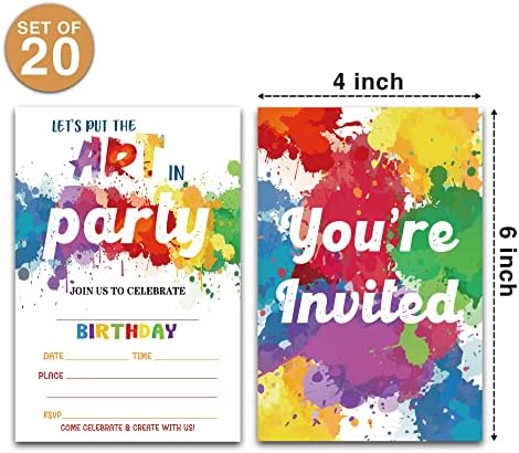 Художествени покани на парти по случай рождения ден - Аксесоари за парти с пръски боя - Попълнете Празните покани на парти по случай рождения ден - 20 Покани картички с 20 конвертами - (008A)