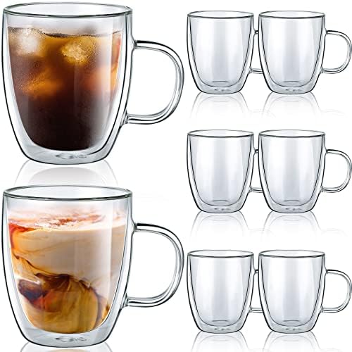 Potchen 8 Опаковки Стъклени Кафеени чаши с двойни стени, Стъклени чаши за Кафе с дръжка, Изолирано Кафеена Чаша, Стъклени Чаши за кафе, Лате, Млечен Сок, Стъклени Съдове, Подарък за Коледа, рожден Ден (16 унция) (16