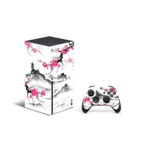 ZOOMHITSKINS, съвместими за Xbox Series X Skin, Капаци Series X Skin, Orient Temple Sakura Япония Аниме Розово-бяла Череша, Здрави и удобни, винил 3 М, са лесни за инсталиране, направени в САЩ