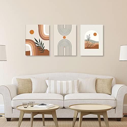Комплект от 3 стенни рисунки в стил бохо: Модерните стенни щампи средата на века с минималистичен абстрактен геометричен модел, бежово-оранжеви тонове, илюстрации ?