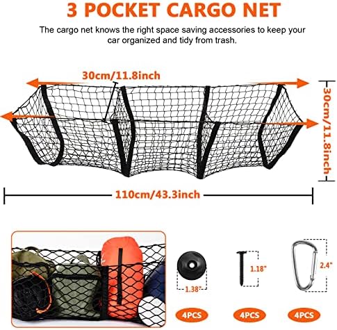 3 Джоба Растягивающийся Товарен Мрежест Органайзер за багажник, Mesh Мрежа за съхранение с 12 Метални Куки и Крепежни Винтове, Сверхпрочная Транспортна Мрежа за легла пикап Toyota Car Boats АВТОБУСА, 43,3x11,8 Инча