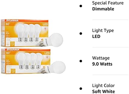 SYLVANIA Home Lighting 78036 Led лампа Sylvania с регулируема яркост, 9 W, 120, 800 лумена, 2700 К, CRI 80, диаметър 2,375 инча X 4.19 е инча L A19, мека бяла 2700 К (8 бр)