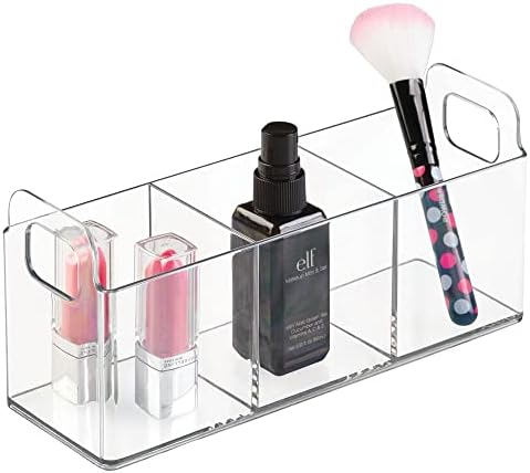 Пластмасов органайзер mDesign за баня с 3 отделения за съхранение - Разделени тава за козметика и държач за коса / на козметични средства - идеален за тоалетна масичка, н