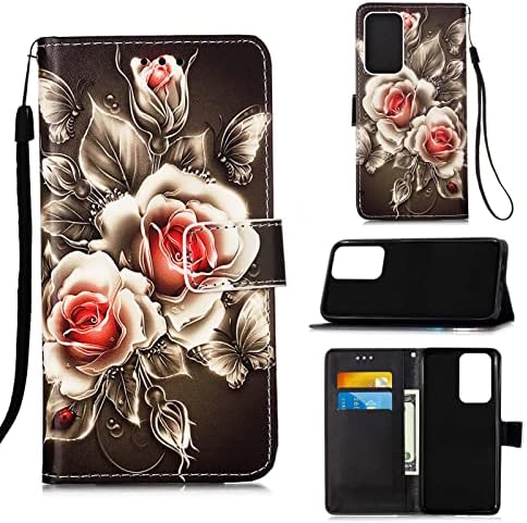 MEIKONST Samsung Galaxy A73 5G калъф Стилен Цветен Портфейл от изкуствена кожа с панти на капака, Държач за карти, Поставка, Магнитна капачка в стила на книгата, която е Съвместима с Samsung Galaxy A73 5G Black Rose