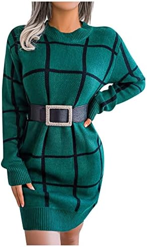 Дамски рокли-пуловери 2023, Вълнена Рокля, Ежедневни Рокли-Пуловери в клетка с кръгло деколте и дълги ръкави Под Полата