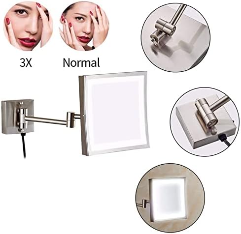 FUTENI LED 8-инчов Огледало за грим с Мед увеличение, Стенно Огледало за бръснене в Банята, въртящи се на 360 градуса и выдвижное огледало с приставка адаптер (Цвят: Никел, размер: 3X)