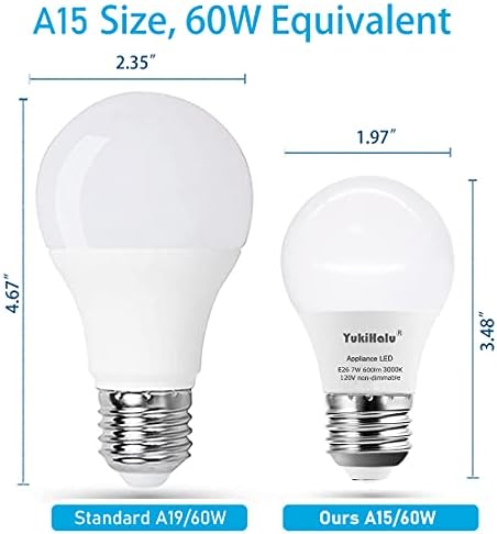Led лампи YukiHalu A15, което е равно на 60 W, с Цокъл E26, 2700 K/3000 До/ От 5000 До бели на цвят, 7 W 600 лумена 120 В, посочена в UL, Лампи за вентилатори, Лампи за домакински уреди Без регулиране на яркостта, Опаковка