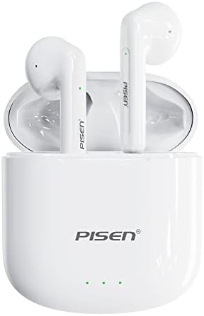 Безжични Слушалки PISEN, Bluetooth Слушалки с микрофон с Шумопотискане, Време на възпроизвеждане 20 часа Безжични Слушалки с Зарядно Калъф е Водоустойчив стерео слушалки Слушалки за спорт Бял