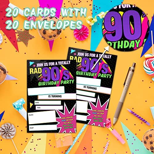 MVXAD Покани Картички на парти в чест на рождения ден на 90-те години, Ретро-Покана за рождения Ден, Двустранни покани в темата на 90-те години на 20 Покани в пликове, Украса за парти в чест на рождения Ден на 90-те
