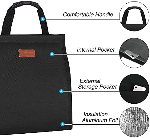 Чанта за обяд за жени, Изолирано Множество чанта за обяд с Вътрешен джоб, чанта за обяд за работа (черна