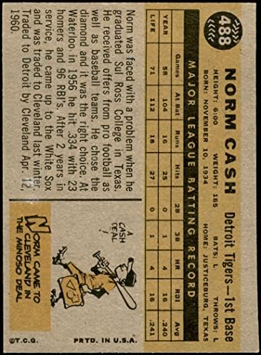1960 Topps 488 Норми Кеш Детройт Тайгърс (Бейзболна картичка) EX/MT+ Тайгърс