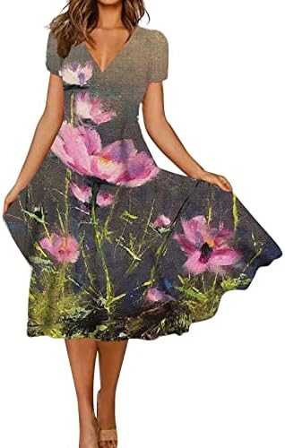 Дамски дрехи HUANKD, пролетно-лятна мода облечи свободен намаляване с V-образно деколте и къси ръкави с принтом, рокли 2023
