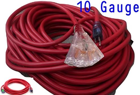 Удължител 10/3 200 фута Външна Тежкотоварни троен изход удължителен кабел 10 калибри 200 фута 15 Ампера, 1875 W (Удължител 200 фута външен, червен)