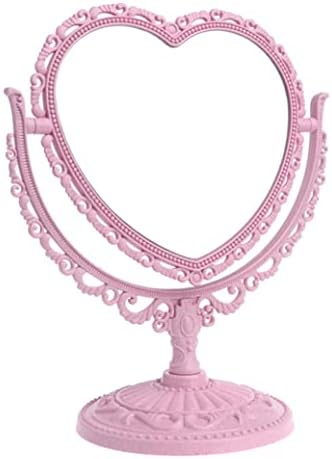 Огледало Hiinice, огледало за грим е във формата на сърце, завъртащо се на двустранното десктоп козметично огледало за тоалетка маса, розово