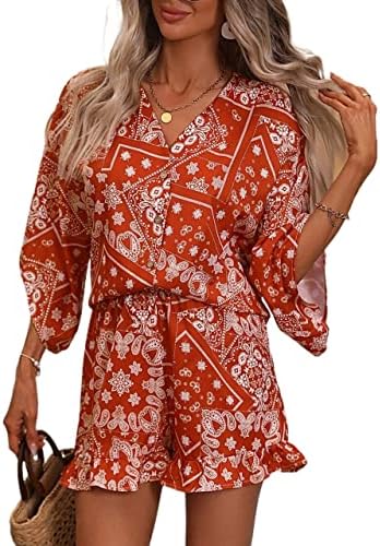 FIOXA / Дамски облекло от две части, Блуза и къси панталони с ръкави Прилеп с принтом Пейсли, дамски облекло от две части (Цвят: ярко оранжево, Размер: голям)