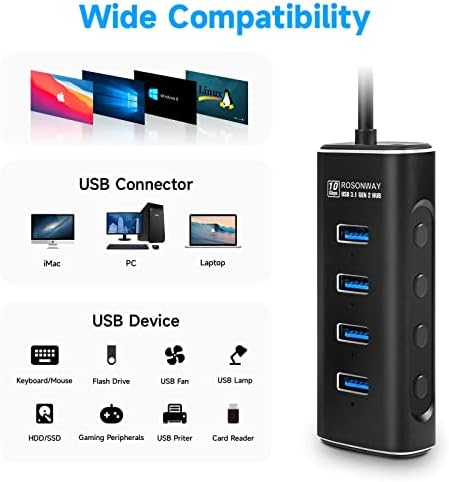 ROSONWAY 4 USB Порта 3.1 Gen 2 Hub 10 gbps с Адаптер на захранване 5 + Алуминиев, 4-Портов ултра тънък Концентратор на данни-USB 3.0