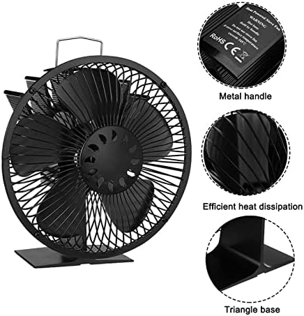 Uongfi черно камина вентилатор с 5 остриета, работещ на топлинна енергия, дърво горелка, вентилатор за домашна камина с капак, вентилатор за ефективно разпределение на топлинна енергия (цвят: черен)